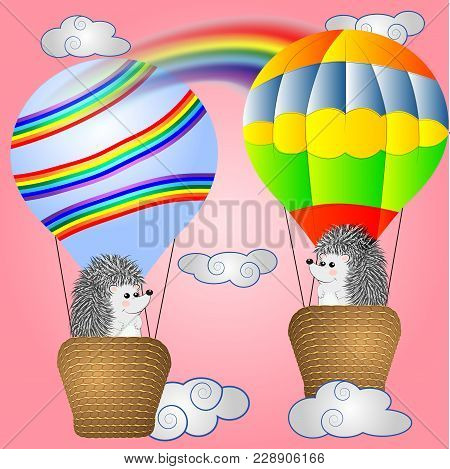 Lovely Little Hedgehogs Fly Into Cartoons, Large Bulky Balloons In The Sky Amidst White Clouds And A