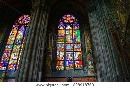 Vienna, Austria - September 2 2017; Back-lit Pictorial Stained Glass Windows From Inside Church In V