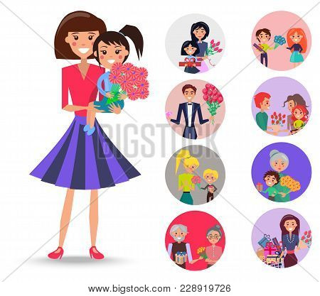 Mother With Daughter On Arms And Flowers Beside Other Portraits With Families That Celebrate Women S