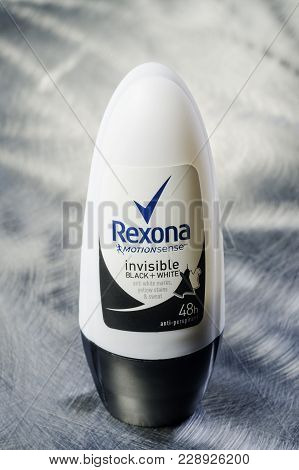 Rexona Deodorant Isolated On Metal Background. Rexona Is Deodorant And Antiperspirant Brand Founded 
