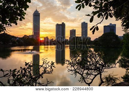 Beira Lake And Colombo City Skyline View At Sunset. Beira Lake Is A Lake In The Center Of The Colomb
