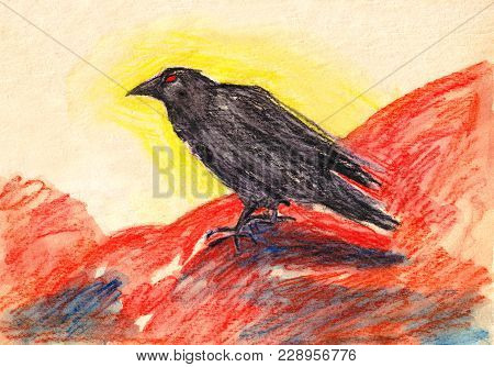 Hand Drawn Bright Black Rawen Bird With Red Eyes On The Red Background Picture