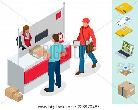 Isometric Post Office Concept. Young Man Waiting For A Parcel In A Post Office. Correspondence Isola