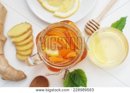 Glass Of Fruit Tea Dring. Ginger, Lemon And Honey. Health Food Concept.