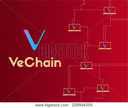 Vechain Cryptocurrency Blockchain On Red Background Vector Illustration