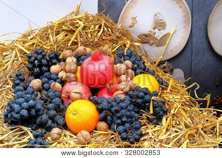 Pomegranate Is Sold In Local Market. Red Fruit Lie On Counter. Useful Fruit With Lots Of Vitamins An