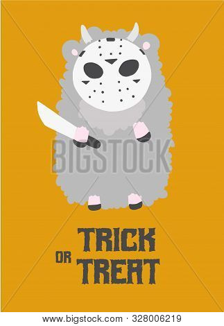 Masked Sheep With A Knife. Trick Or Treat. Halloween Postcard.