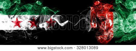 Syrian Arab Republic Vs Afghanistan, Afghani Smoke Flags Placed Side By Side. Thick Colored Silky Sm