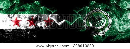 Syrian Arab Republic Vs Arab League Smoke Flags Placed Side By Side. Thick Colored Silky Smoke Flags