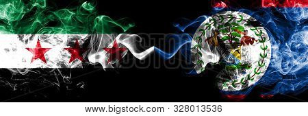 Syrian Arab Republic Vs Belize, Belizean Smoke Flags Placed Side By Side. Thick Colored Silky Smoke 