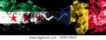 Syrian Arab Republic Vs Chad, Chadian Smoke Flags Placed Side By Side. Thick Colored Silky Smoke Fla