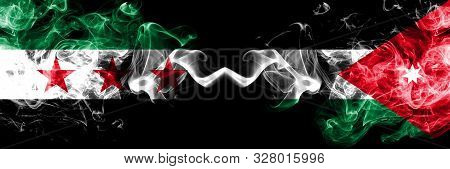 Syrian Arab Republic Vs Jordan, Jordanian Smoke Flags Placed Side By Side. Thick Colored Silky Smoke