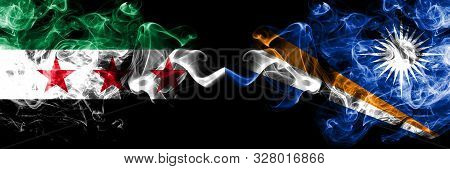 Syrian Arab Republic Vs Marshall Islands Smoke Flags Placed Side By Side. Thick Colored Silky Smoke 