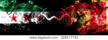 Syrian Arab Republic Vs Montenegro, Montenegrin Smoke Flags Placed Side By Side. Thick Colored Silky