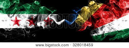 Syrian Arab Republic Vs Seychelles, Seychelloise Smoke Flags Placed Side By Side. Thick Colored Silk