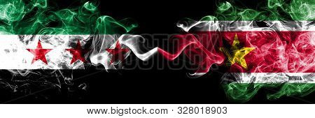 Syrian Arab Republic Vs Suriname, Surinamese Smoke Flags Placed Side By Side. Thick Colored Silky Sm