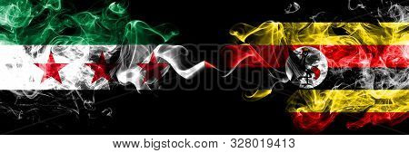 Syrian Arab Republic Vs Uganda, Ugandan Smoke Flags Placed Side By Side. Thick Colored Silky Smoke F