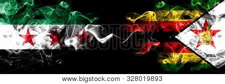 Syrian Arab Republic Vs Zimbabwe, Zimbabwean Smoke Flags Placed Side By Side. Thick Colored Silky Sm
