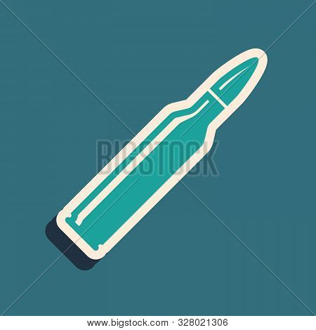 Green Bullet Icon Isolated On Blue Background. Long Shadow Style. Vector Illustration