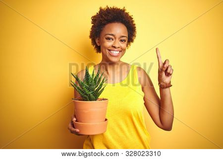 Young african american woman holding cactus pot over isolated yellow background surprised with an idea or question pointing finger with happy face, number one