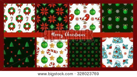 Christmas Seamless Pattern Set With New Year Characters, Objects - Bullfinch, Tree, Candy Cane, Holl