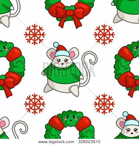 Kawaii Fat Mouse - Christmas Seamless Pattern, Symbol Of 2020 - And Floral Wreath, Bow, Snowflakes. 