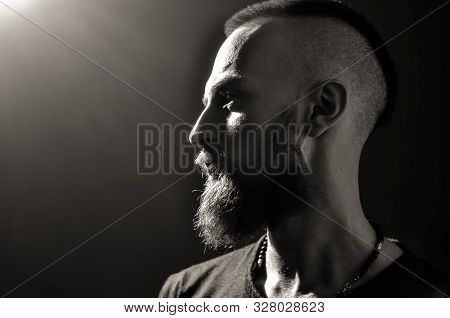 Black And White Portrait Of Young European Hipster With Fair Skin And Trendy Ginger Beard. Fashionab
