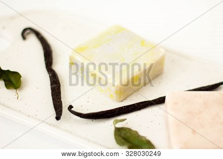Olive Soap From Soy Wax With Vanilla On White Marble Boardwhite Background. Natural Cosmetics. Ecolo