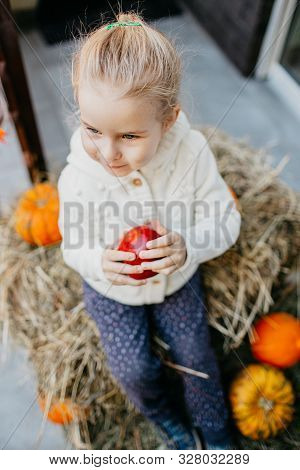 Adorable Smiling Caucasian Baby Toddler In White Knittes Jacket Sitting On The Haystack With Pumpkin