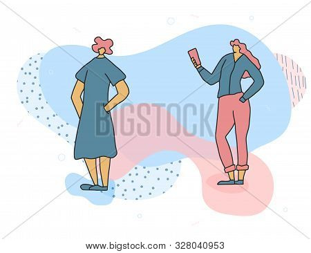 Girl Taking Picture Of Her Friend. Young Adult Characters Standing Full Lenth. Vector Illustartion.