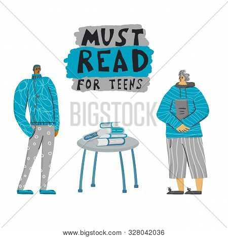 Must Read For Teens. Boys Standing Full Lenth At Book Shop. Young Adult Characters Isolated. Vector 