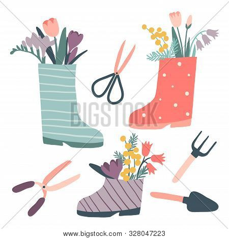 Cute Rain Boots With Flowers And Gardening Tools Set. Rubber Boots With Bouquets. Cartoon Flat Style