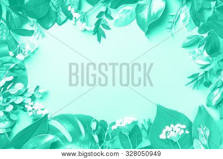 Creative Layout Made Of Tropical Leaves In Trendy Neo Mint Color. Flat Lay. Top View. Mock Up