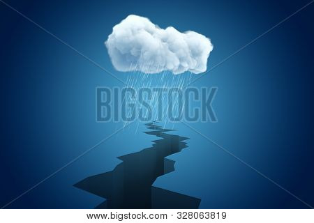 3d Rendering Of Big Crevasse Disappearing In Distance Under Cloud Of Pouring Rain.