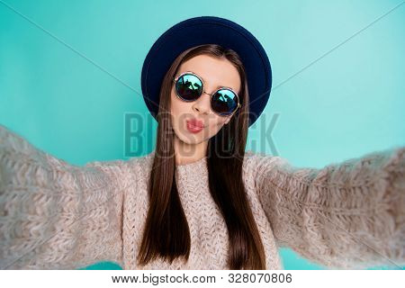 Portrait Of Dreamy Flirty Romantic Girl Influencer Make Selfie Send Air Kisses To Her Followers Wear
