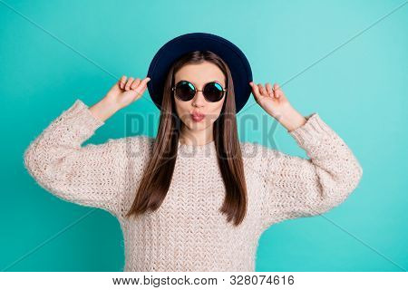 Portrait Of Lovely Charming Lady Have Date With Her Retro Boyfriend Send Him Air Kisses Wear Knittte