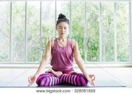 Asian Women Workout Practicing Yoga Training Put On Pink Clothes And Practice Meditation Wellness Li