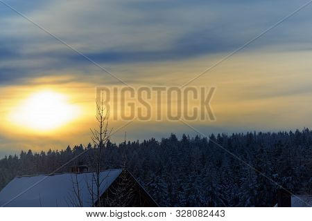 Amazing Colorful Sky Above Human Settlement. Harz Mountains National Park, Germany