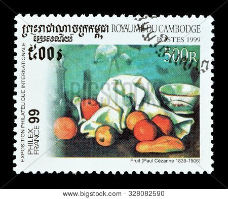 Cancelled Postage Stamp Printed By Cambodia, That Shows Painting Fruit By Paul Cezanne, Circa 1999.