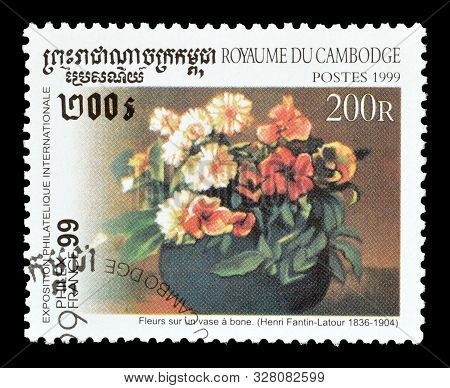 Cancelled Postage Stamp Printed By Cambodia, That Shows Painting Flowers In Vase By Henri Fantin Lat
