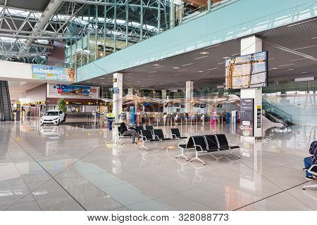 Bratislava, Slovakia - October 6 2019: Almost Empty Departure Hall Of Bratislava Airport Terminal. P