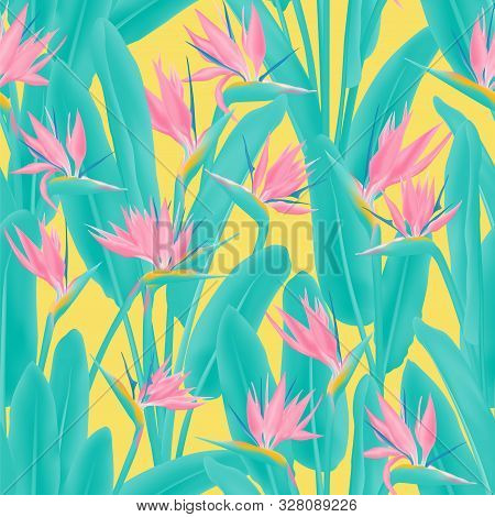 Tropical Crane Flower Vector Seamless Pattern. Bohemian Tropical Plant Fabric Print Design. South Af