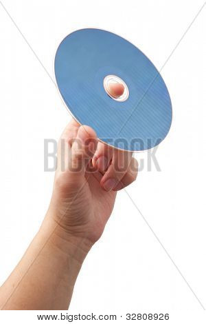 Hand mit Blu-Ray-Disk, isoliert auf weiss