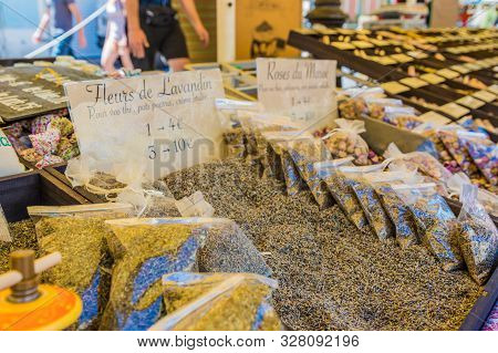 Nice France. June 12 2019. Market Stall Selling Local Products At Cours Saleya Market In Nice France