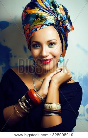 Beauty Bright African Woman With Creative Make Up, Shawl On Head Like Cubian Closeup Smiling