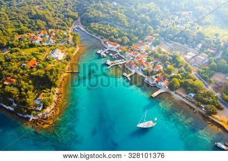 Aerial drone photo of coastline. Location place Cres, Croatia, Europe. Breathtaking landscape shot over the sea. Drone photography of most popular tourist attraction. Discover the beauty of earth.