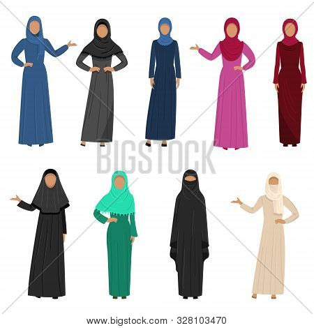 A Set Of Muslim Arabic Women Wearing Traditional Ethnic Clothing. Vector Illustration In Flat Cartoo