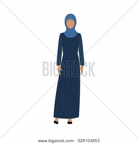 Muslim Girl In A Traditional Ethnic Dark Blue Hijab. Vector Illustration In Flat Cartoon Style.