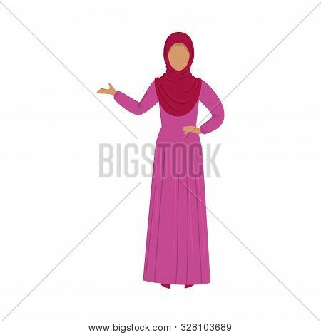 Muslim Girl In A Traditional Ethnic Red Hijab. Vector Illustration In Flat Cartoon Style.