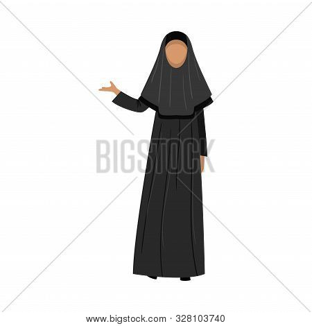 Muslim Girl In A Traditional Ethnic Black Himar. Vector Illustration In Flat Cartoon Style.